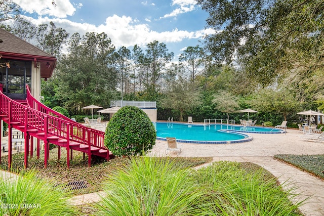 view of swimming pool with a patio