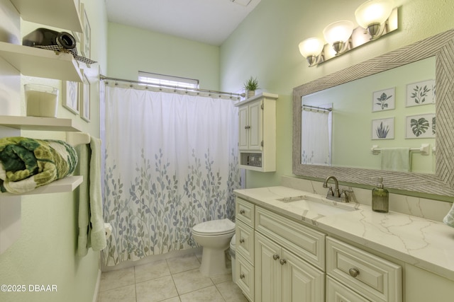 bathroom with vanity, tile patterned floors, toilet, and a shower with shower curtain