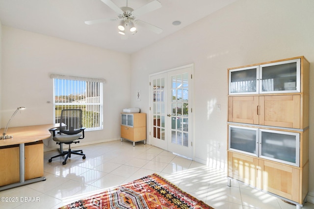 tiled office with french doors and ceiling fan