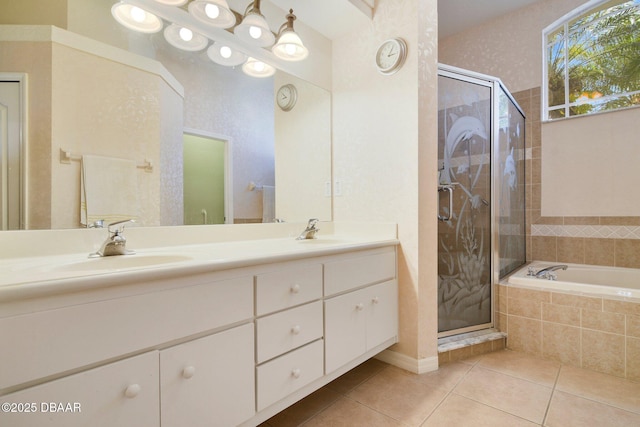 bathroom with vanity, plus walk in shower, and tile patterned flooring