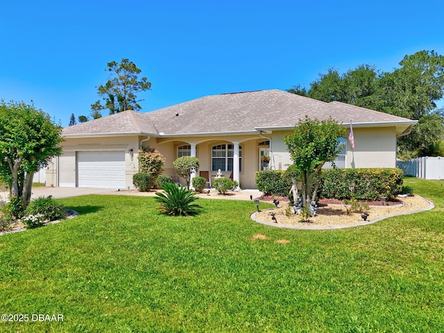 73 Foxhall Ln, Palm Coast, FL 32137 - ranch-style house with stucco siding, an attached garage, roof with shingles, and concrete driveway