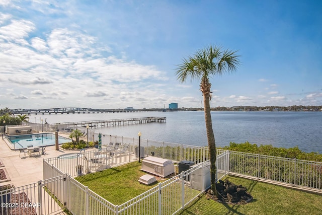 property view of water featuring fence