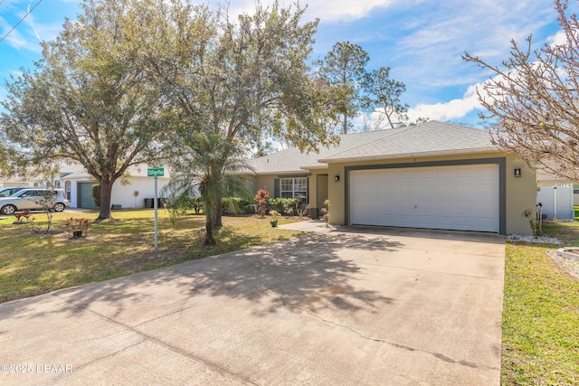 ranch-style home with a garage, concrete driveway, a front yard, and stucco siding