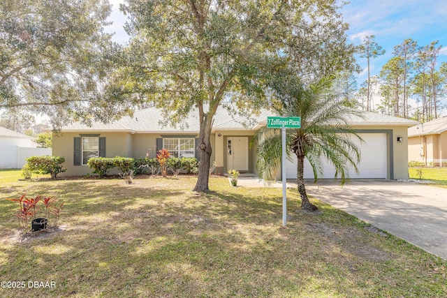 single story home featuring an attached garage, driveway, a front yard, and stucco siding