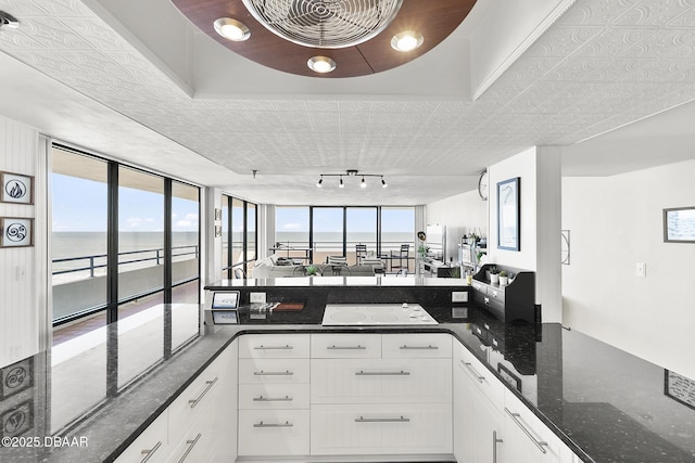 kitchen featuring white cabinets, a water view, rail lighting, dark stone countertops, and kitchen peninsula