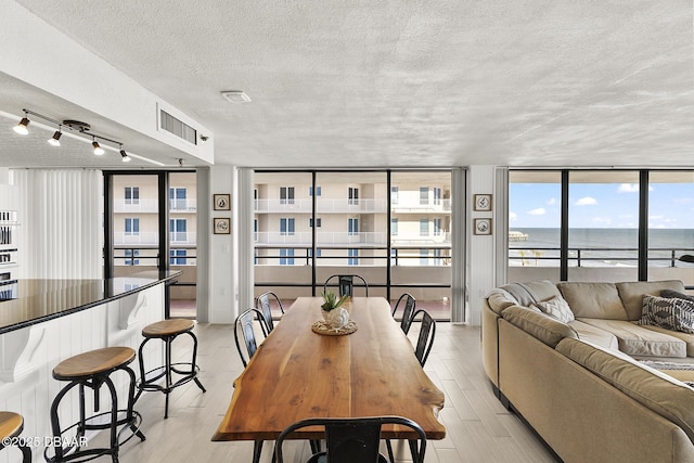 dining room with a water view, a textured ceiling, and light wood-type flooring