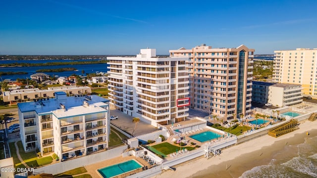 view of building exterior featuring a water view