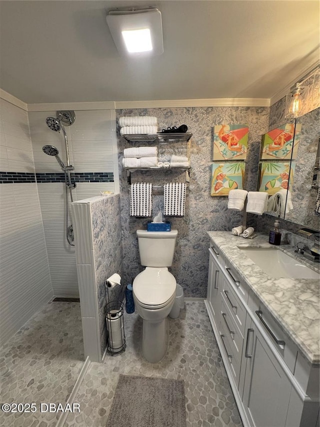 1233 S Atlantic Ave Unit 3070, Daytona Beach, FL 32118 - full bathroom featuring vanity, tiled shower, toilet, and tile patterned floors