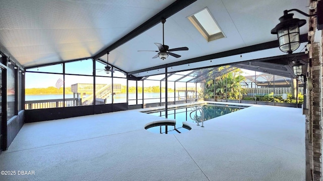 3128 John Anderson Dr, Ormond Beach, FL 32176 - view of pool featuring a patio area, a ceiling fan, a water view, and a lanai