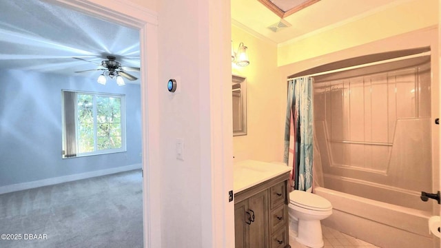 3128 John Anderson Dr, Ormond Beach, FL 32176 - bathroom featuring shower / tub combo, ceiling fan, crown molding, and vanity