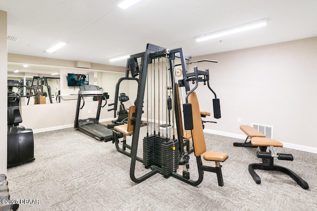 workout area with carpet floors