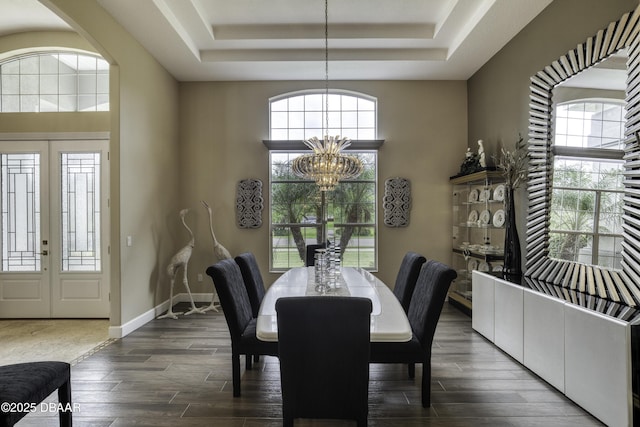 7 Foxfords Chase, Ormond Beach, FL 32174 - dining room featuring a tray ceiling, a chandelier, wood finished floors, and plenty of natural light