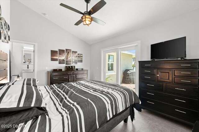 5967 Riverside Dr, Port Orange, FL 32127 - bedroom with lofted ceiling, access to outside, and a ceiling fan