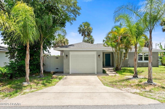 5967 Riverside Dr, Port Orange, FL 32127 - ranch-style home featuring stucco siding, an attached garage, driveway, and a front lawn