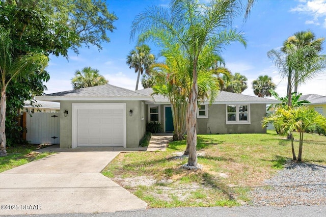 5967 Riverside Dr, Port Orange, FL 32127 - ranch-style home featuring stucco siding, an attached garage, a front lawn, and concrete driveway