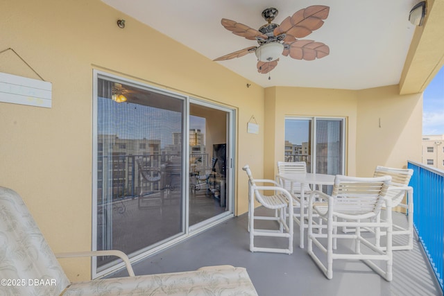 balcony featuring ceiling fan