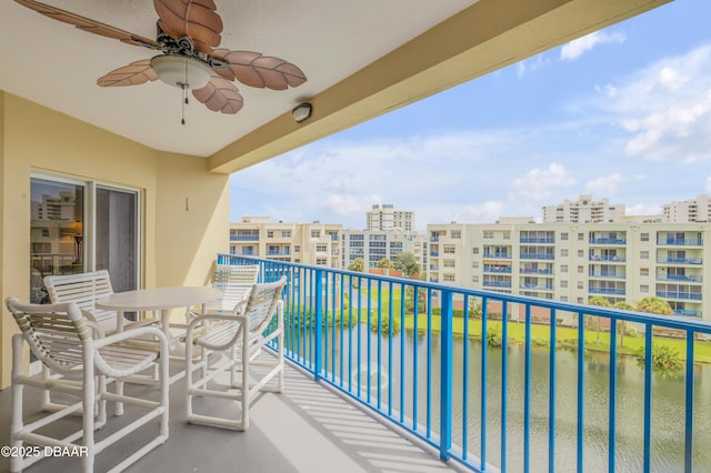 balcony featuring a ceiling fan and a city view