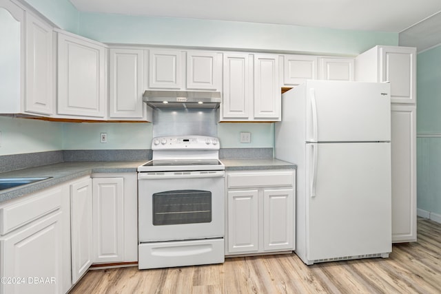 kitchen with white cabinetry, white appliances, and light hardwood / wood-style flooring