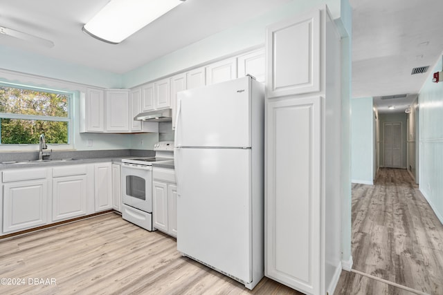 kitchen featuring white cabinetry, light hardwood / wood-style floors, sink, and white appliances