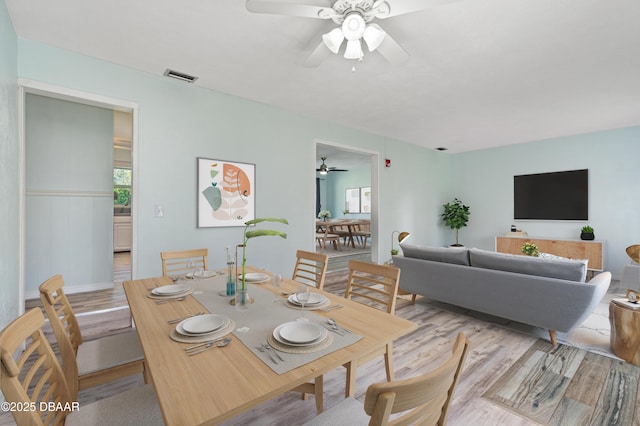 dining room with ceiling fan and light wood-type flooring