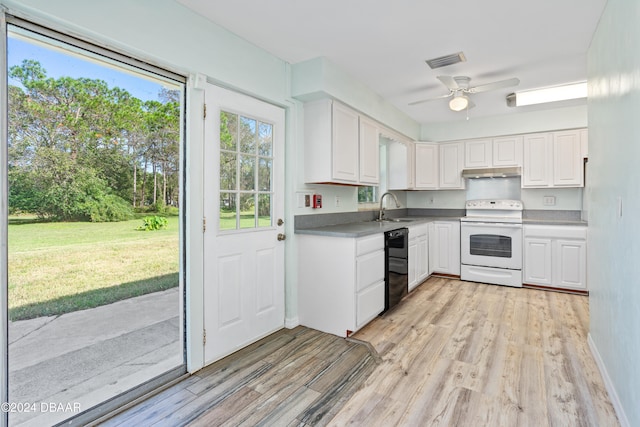 kitchen with white electric range oven, light wood-type flooring, white cabinetry, black dishwasher, and sink