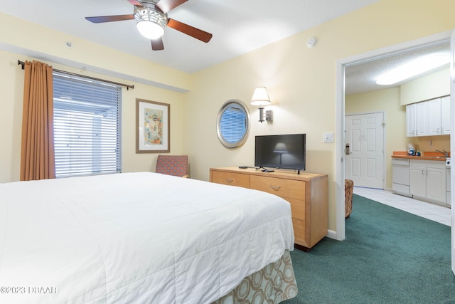 bedroom with light colored carpet and ceiling fan