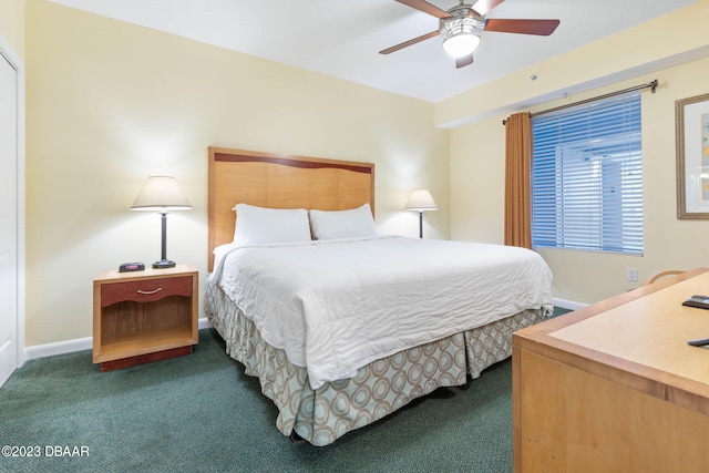 carpeted bedroom with ceiling fan