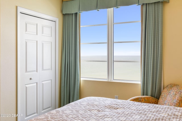 bedroom featuring a closet and a water view