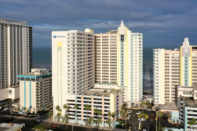 view of building exterior with a water view