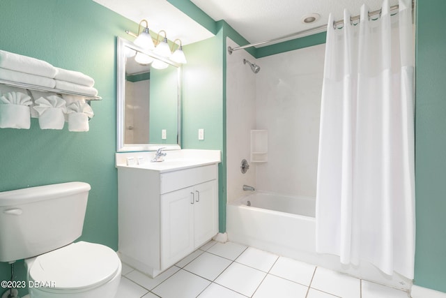 full bathroom featuring toilet, tile patterned floors, a textured ceiling, vanity, and shower / tub combo