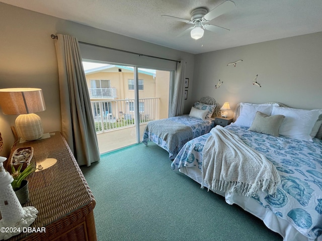 carpeted bedroom with ceiling fan, a textured ceiling, and access to outside