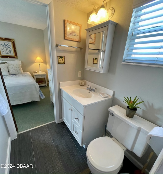 bathroom featuring vanity, a textured ceiling, and toilet