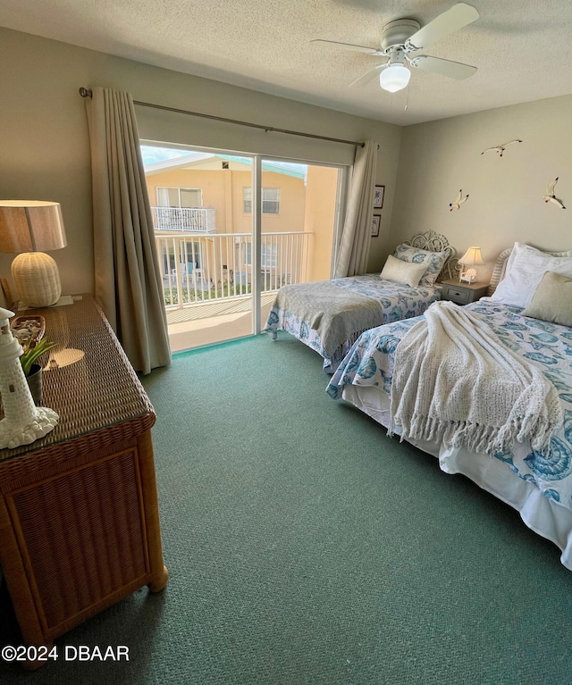 carpeted bedroom featuring ceiling fan, access to exterior, and a textured ceiling