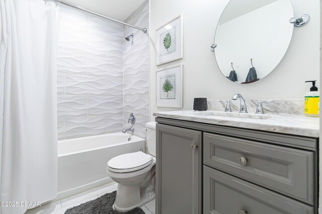 bathroom with shower / bath combo with shower curtain, toilet, vanity, and tile patterned flooring