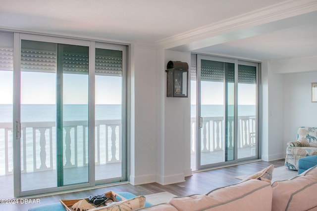 unfurnished living room featuring hardwood / wood-style flooring, expansive windows, a water view, and crown molding