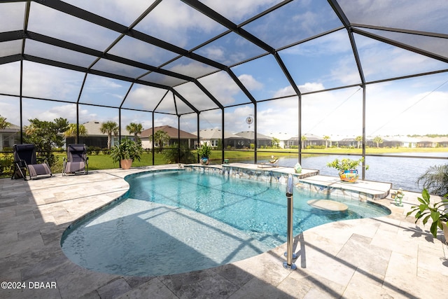 view of pool with a lanai, a patio, and a water view