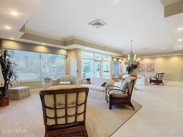 living room with ornamental molding and light tile patterned flooring