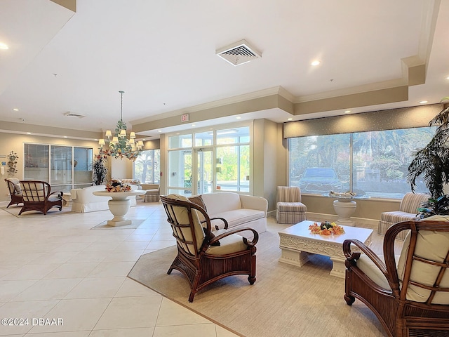 tiled living room featuring crown molding