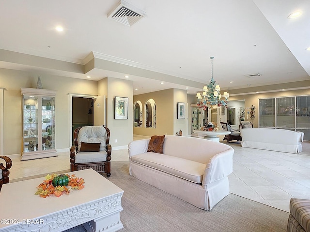 4 Oceans W Blvd Unit 108B, Daytona Beach Shores, FL 32118 - living room featuring recessed lighting, light tile patterned flooring, a chandelier, and crown molding
