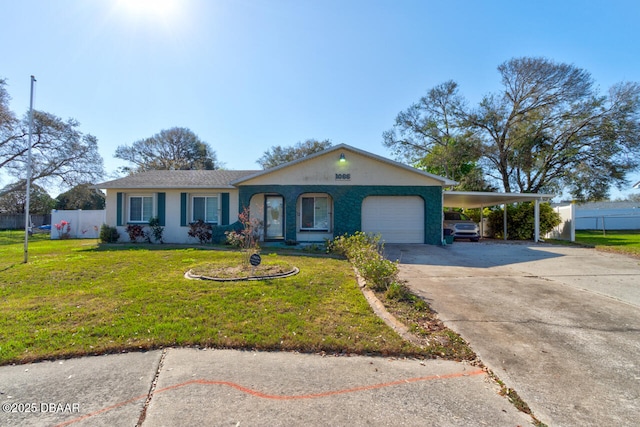 ranch-style home with stucco siding, a front yard, fence, an attached carport, and driveway