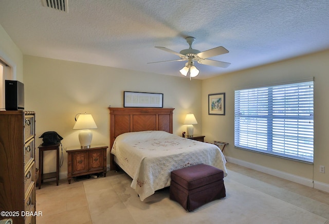 bedroom featuring ceiling fan and a textured ceiling