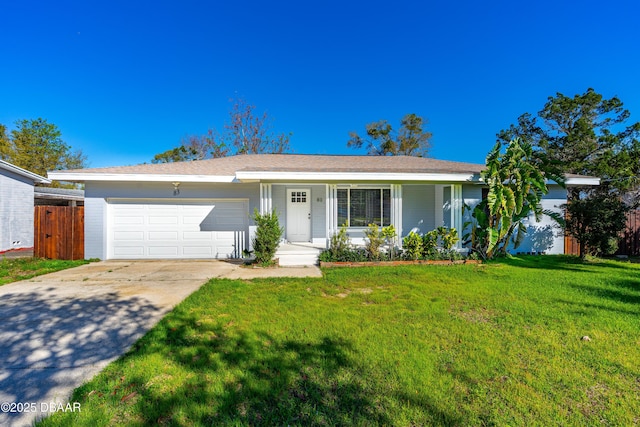 single story home with fence, a porch, a front yard, driveway, and an attached garage