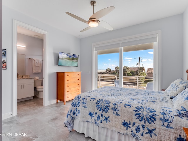 bedroom with connected bathroom, access to outside, and ceiling fan