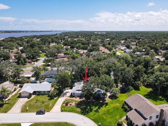 aerial view with a water view and a residential view