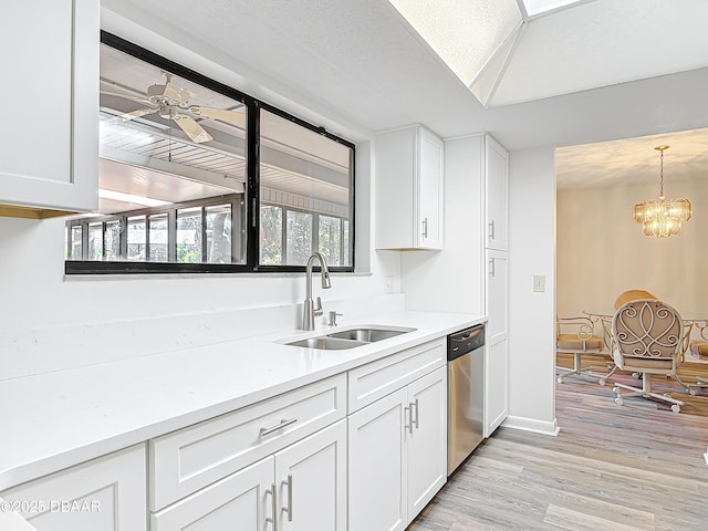 kitchen featuring plenty of natural light, a sink, light countertops, white cabinetry, and stainless steel dishwasher