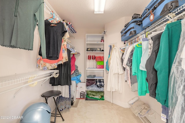 walk in closet with light colored carpet