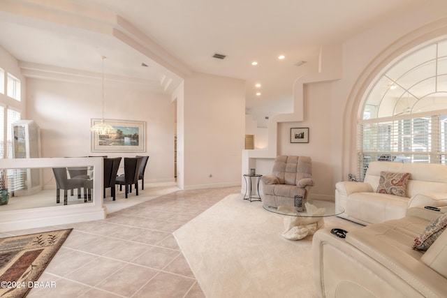 living room with light tile patterned flooring