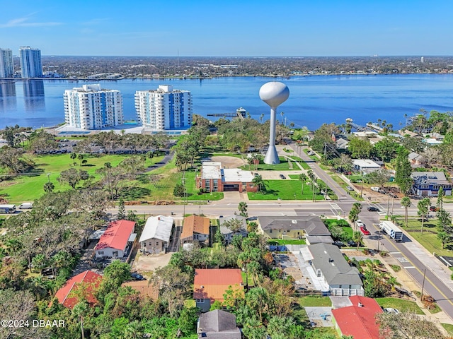 aerial view featuring a city view and a water view