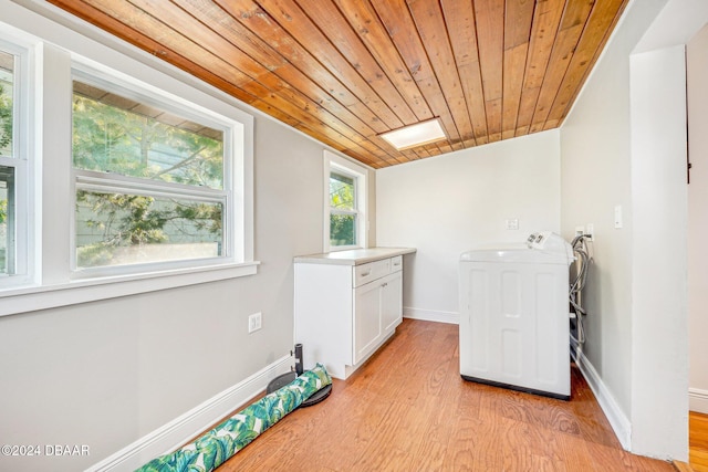 washroom featuring washer / clothes dryer, light wood-type flooring, wood ceiling, and cabinets