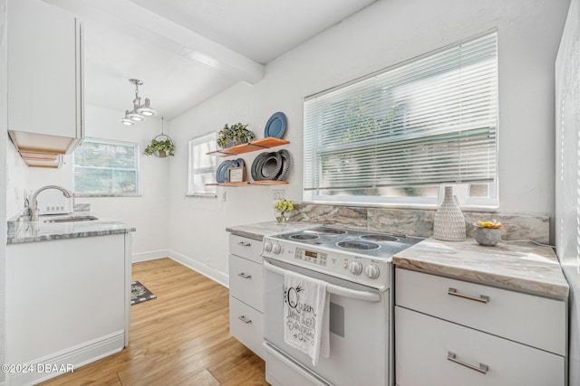 kitchen featuring beam ceiling, electric range, white cabinets, and light wood-type flooring